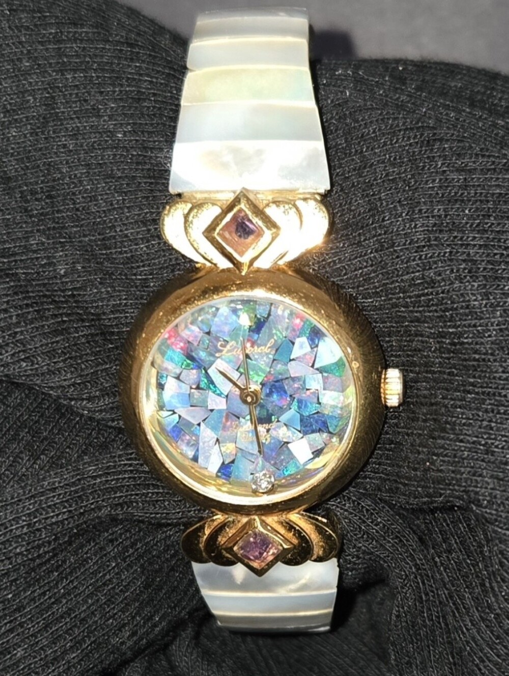Vintage Lucoral Mosaic Mother of Pearl Diamond Quartz Watch Diamond Is Loose - Picture 1 of 3